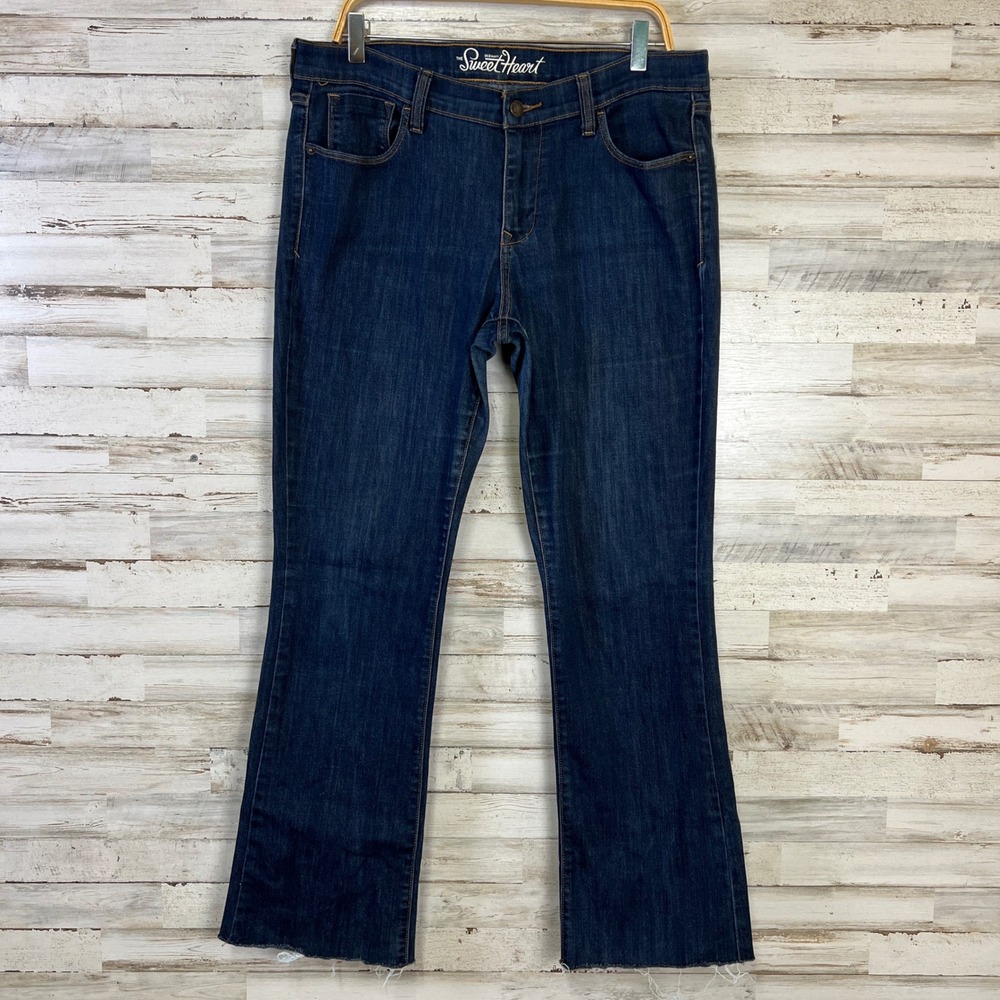 Old Navy Sweetheart Jeans Women 12 Long  Dark Rinse Raw Hem Bootcut Midrise Edgy